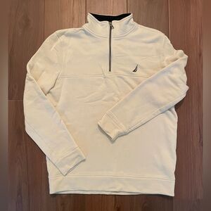 Nautica Men's Quarter Zip Cream and Navy Shirt